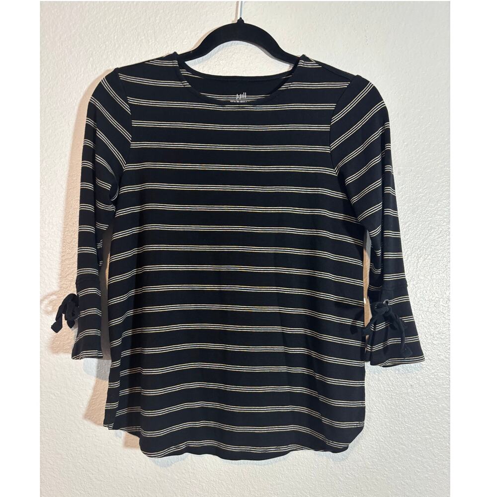 J. Jill Women's Size XS Petite Black Striped Pima Cotton Tie-Sleeve Tee